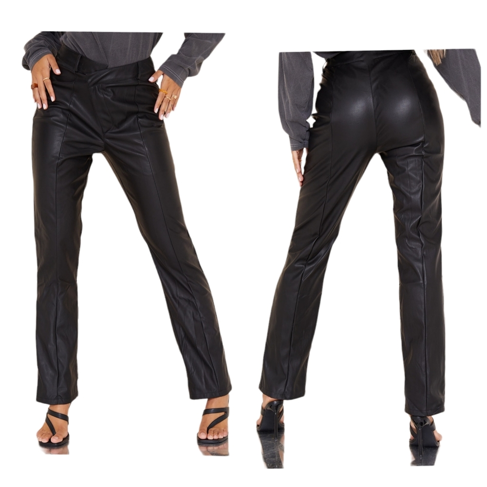 NWT PLT petite faux leather V front straight-leg trousers